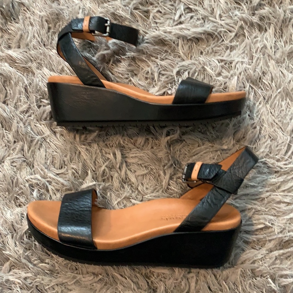 Gentle Souls Black Leather Morrie Wedge Sandals